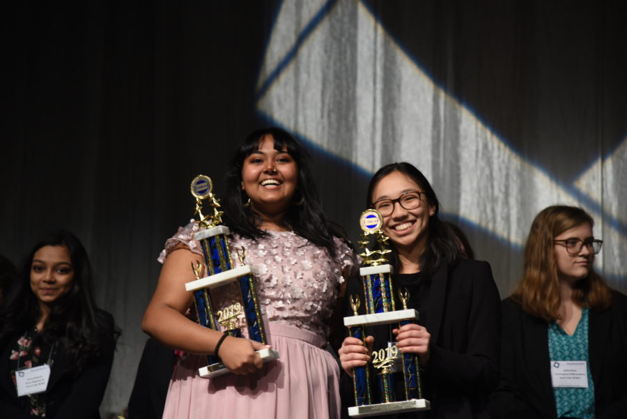 Business+breakthrough%3A+Seniors+Moolaveesala+and+Hannah+Zhou+stand+with+their+DECA+trophies+at+the+Pa.+State+competition.+They+will+participate+in+nationals+in+Orlando.