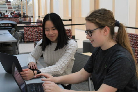Global connections: Sophomores Lauren Wu and Mary McDonald work on an initiative to connect with teens around the world to discuss international issues. McDonald and Wu hope to expand this project in the future to include more students.