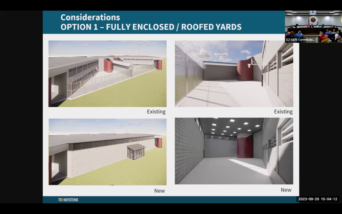 Security samples: A proposed renovation to Chester County Prison is shown during a Chester County Prison Board meeting on Sept. 20, which would entirely close off the existing outdoor prison yards. Design and engineering firm TranSystems proposed three possible security upgrades for Chester County Prison at the meeting.
