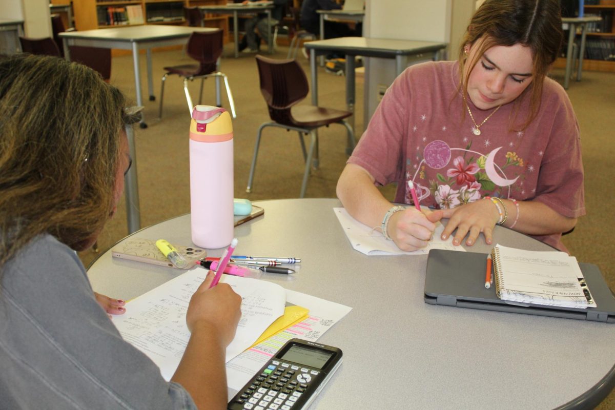 Puzzling out problems: Sophomores Danielle Douglas (left) and Lucy Higgins (right) work on their math homework in the Conestoga library. Douglas skipped a year of math through summer study in middle school.