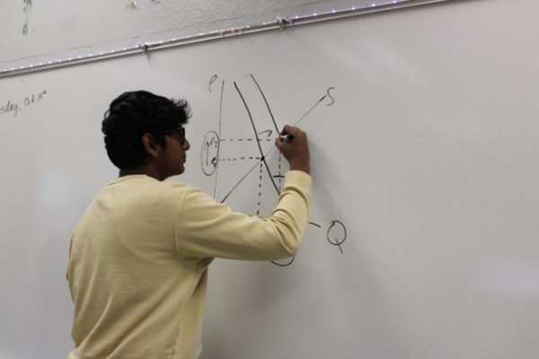 Visual learning: Junior Kushagra Behl draws a supply and demand graph he learned in AP Economics. For the 2024-25 school year, Behl registered for two dual enrollment courses.
