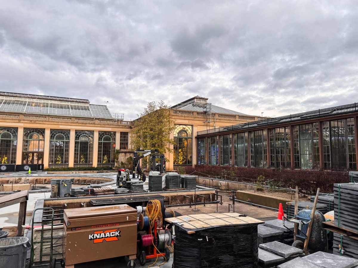 Preparing for spring: Construction equipment sits outside in Longwood Gardens’ Waterlily Court. The Longwood Reimagined project involved an enhancement of the Waterlily Court to open in the spring.