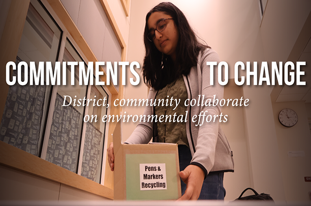 Setting sustainable standards: Senior Shriya Prakash places a collection box on a table for Conestoga staff and students to recycle pens and other writing utensils. As co-president of environmental club Greening ’Stoga Task Force, she helped audit elementary schools.