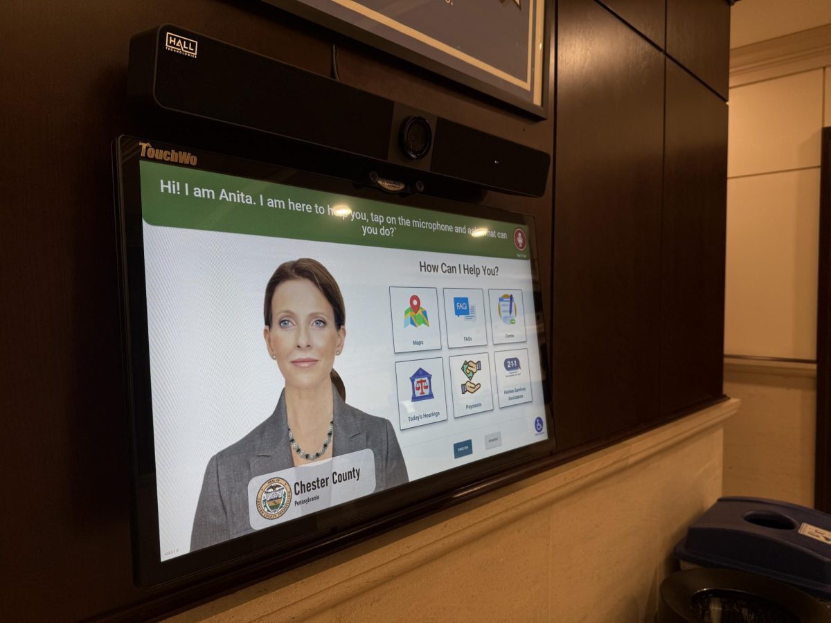 AI innovation: Anita, the AI assistant integrated into the new kiosks in Chester County, waits to assist visitors. The county installed the kiosks to help users navigate the large courthouse and access court forms.