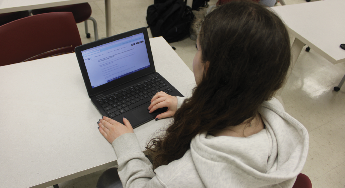 Personal perspectives: Junior Katie Fradkin reads the updated Challenges and Cirumstances prompt on the Common Application website. This prompt replaced the Community Disruption question in the application’s changes for next year.