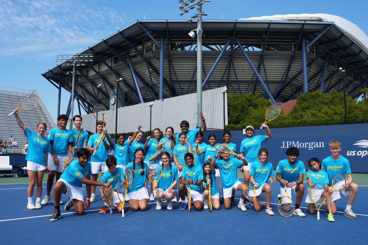 Tennis triumph:  Seniors Kaitlyn Parson, Allie Frederick (middle top) and Melody Weng (middle bottom) pose for a group photo at the USTA Billie Jean King National Tennis Center. They practiced on tournament courts and studied the pros’ strategies. Parson and Weng, who are doubles tennis partners for Conestoga, hope to apply this knowledge to their play in the future.
