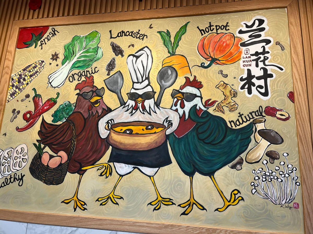 Peckish painting: The modern interior at Asian fusion restaurant Gyu Hakata features vibrant decorations, including a colorful mural of chickens around a hot pot dish. The menu offered a diverse array of Asian food.