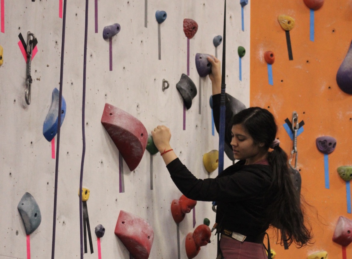 Finding footing: Senior Riddima Pandey scales the auto belay wall at the Philadelphia Rock Gym in Oaks. In auto belay, Pandey relied on a machine at the top that attached to her harness to bring her back down safely.