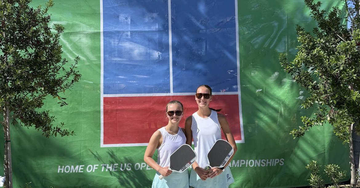 Playing pickleball: Juniors Chelsea Bachman (left) and Isabel Laroque (right) compete in the 10th Franklin US Open Pickleball Championships, earning bronze in the Women’s Doubles 3.5 Double Elimination 9-29 bracket. The girls competed at the US Open National Pickleball Center. Bachman and Laroque hope to compete in the championships and in local tournaments next year.