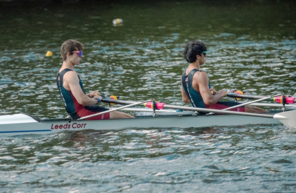 Pushing the limits: Conestoga men’s varsity doubles team, made up of seniors Hudson Dunkle (left) and Avi Verma (right), rows in the Mid-Atlantic Youth Regional Championship as it qualified for the U.S. Rowing National Championships, which will be from June 11-14.